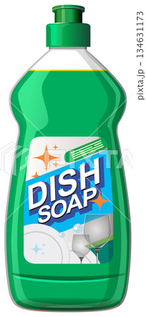 Green Dish Soap Bottle with Clean Glassware Illustration 134631173
