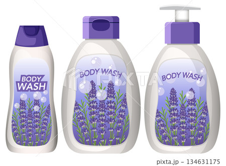 Lavender Body Wash Bottles Vector Illustration Set 134631175