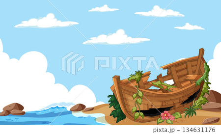 Old Wooden Shipwreck on Sunny Tropical Beach 134631176