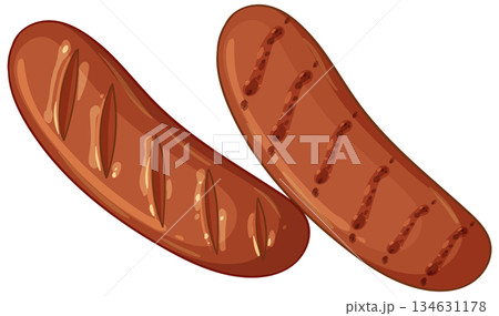 Grilled Sausages in Flat Vector Cartoon Style 134631178