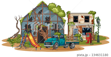 Abandoned Urban Playground with Overgrown Greenhouse and Truck 134631180