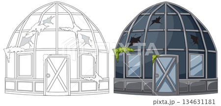 Abandoned Glass Dome Building with Broken Windows Vector 134631181