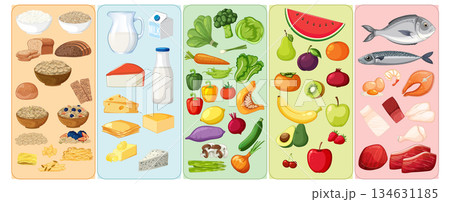 Balanced Food Groups Vector Illustration with Colorful Icons Balanced Food Groups Vector Illustration with Colorful Icons 134631185