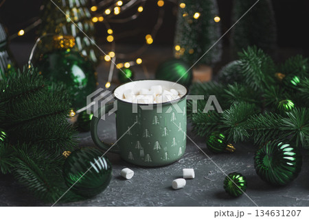 Green Christmas Mug with Hot Chocolate and Marshmallows into Pine Decor Green Christmas Mug with Hot Chocolate and Marshmallows into Pine Decor 134631207