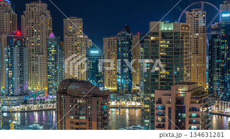 Fantastic rooftop skyline of Dubai marina timelapse. 134631281