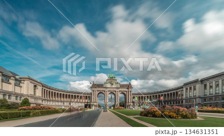 Hyperlapse of the Cinquantenaire Arcade in Parc du Cinquantenaire, Brussels, Belgium. 134631351