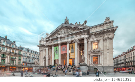 Hyperlapse of the Brussels Stock Exchange facade near Grand Place. Belgium Hyperlapse of the Brussels Stock Exchange facade near Grand Place. Belgium 134631353