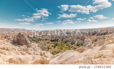 Red Valley and Rose Valley of Goreme of Nevsehir in Cappadocia aerial timelapse, Turkey. 134631360