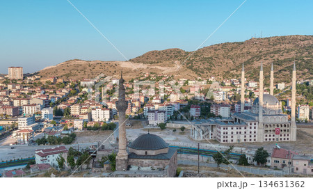 Aerial view to mosques from old castle in historical city town of Nevsehir timelapse Aerial view to mosques from old castle in historical city town of Nevsehir timelapse 134631362