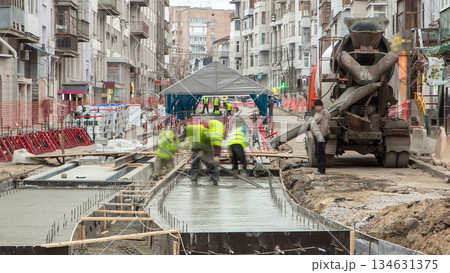 Concrete works for road maintenance construction site with many workers and mixer timelapse Concrete works for road maintenance construction site with many workers and mixer timelapse 134631375