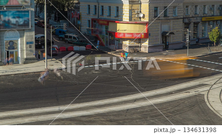 Road marking on the road repair site after asphalting timelapse. Road construction equipment. 134631398