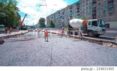 Road construction site with tram tracks repair and maintenance timelapse. 134631405