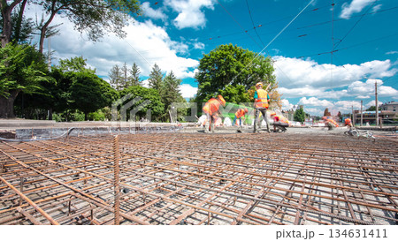 Road construction site with tram tracks repair and maintenance timelapse hyperlapse. Road construction site with tram tracks repair and maintenance timelapse hyperlapse. 134631411