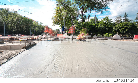 Road construction site with tram tracks repair and maintenance timelapse hyperlapse. Road construction site with tram tracks repair and maintenance timelapse hyperlapse. 134631414