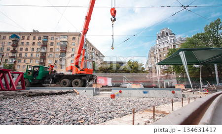 Road construction site with tram tracks repair and maintenance timelapse hyperlapse. Road construction site with tram tracks repair and maintenance timelapse hyperlapse. 134631417