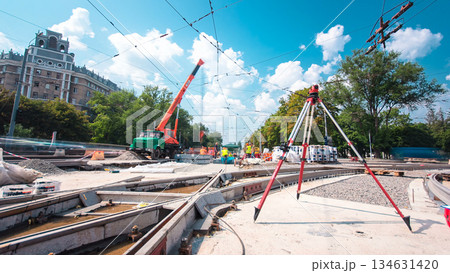 Road construction site with tram tracks repair and maintenance timelapse hyperlapse. Road construction site with tram tracks repair and maintenance timelapse hyperlapse. 134631420