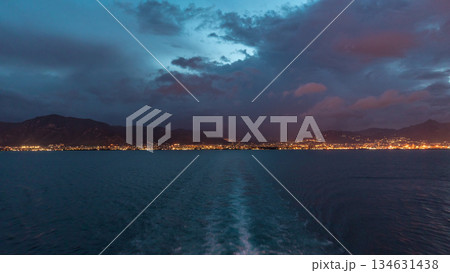 Aerial view of sea with wawes and port from ship sailing in the open sea timelapse Aerial view of sea with wawes and port from ship sailing in the open sea timelapse 134631438