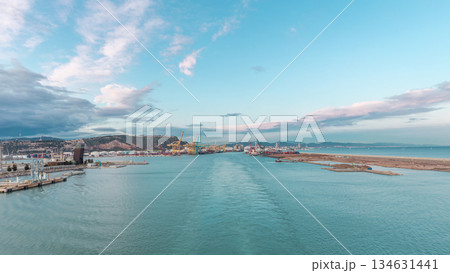 Aerial view of sea with waves and port from ship sailing in the open sea timelapse Aerial view of sea with waves and port from ship sailing in the open sea timelapse 134631441