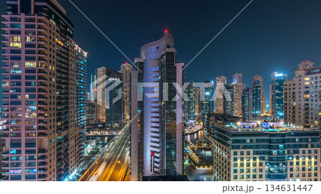 Aerial view of Dubai Marina from a vantage point night timelapse. Aerial view of Dubai Marina from a vantage point night timelapse. 134631447