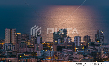 View of Barcelona skyline timelapse, the Mediterranean sea and buildings from Bunkers Carmel. Catalonia, Spain. 134631466