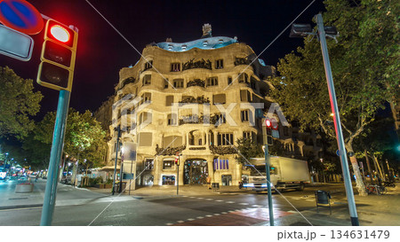 Architecture detail of Casa Mila night timelapse hyperlapse, better known as La Pedrera, in Barcelona, Spain. 134631479
