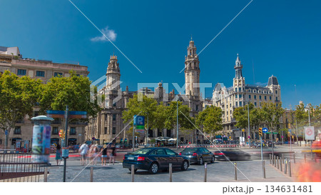 Old Post Office timelapse hyperlapse, the famous architecture landmark Barcelona, Spain. 134631481