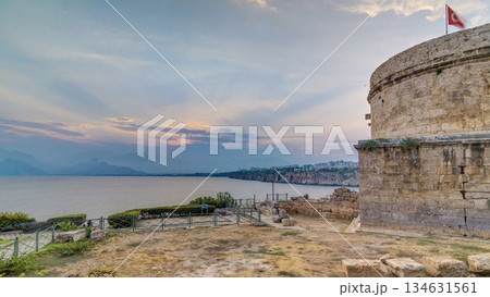 Hidirlik tower in Kas town in Turkey timelapse with view of harbor marine bay is a old city 134631561