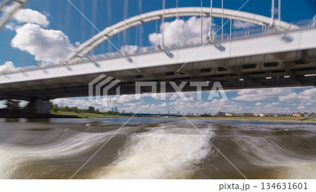 Astana, Kazakhstan. View from Pleasure boat on the river Ishim timelapse hyperlapse drivelapse in Astana. 134631601