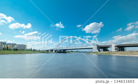 Astana, Kazakhstan. View from Pleasure boat on the river Ishim timelapse hyperlapse drivelapse in Astana. Astana, Kazakhstan. View from Pleasure boat on the river Ishim timelapse hyperlapse drivelapse in Astana. 134631603