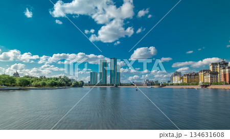 Astana, Kazakhstan. View from Pleasure boat on the river Ishim timelapse hyperlapse drivelapse in Astana. Astana, Kazakhstan. View from Pleasure boat on the river Ishim timelapse hyperlapse drivelapse in Astana. 134631608