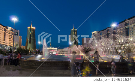 Water-Green Boulevard at night timelapse hyperlapse. President palace in background. Kazakhstan 134631624