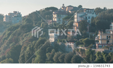 Panoramic view of Albano Lake coast at sunrise timelapse, Rome Province, Latium, central Italy 134631743