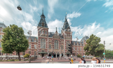 Hyperlapse of the Rijksmuseum, a famous tourist attraction in Museum Square, Amsterdam. Netherlands 134631749