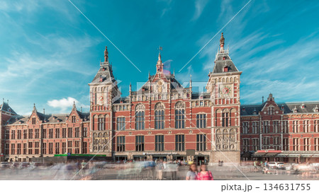 Hyperlapse of Amsterdam Central Railway Station front view. Amsterdam, The Netherlands Hyperlapse of Amsterdam Central Railway Station front view. Amsterdam, The Netherlands 134631755