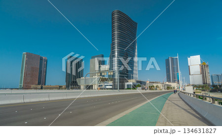 Modern buildings in Abu Dhabi skyline timelapse hyperlapse with waterfront. Modern buildings in Abu Dhabi skyline timelapse hyperlapse with waterfront. 134631827