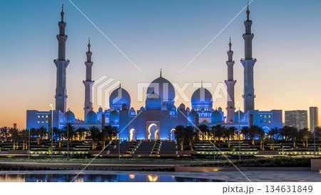 Sheikh Zayed Grand Mosque in Abu Dhabi day to night timelapse after sunset, UAE Sheikh Zayed Grand Mosque in Abu Dhabi day to night timelapse after sunset, UAE 134631849