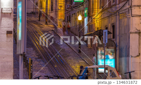 Lisbon's Gloria funicular day to night timelapse located on the west side of the Avenida da Liberdade 134631872