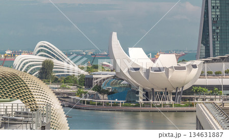 Art Science Museum In Bayfront aerial timelapse, Singapore. 134631887