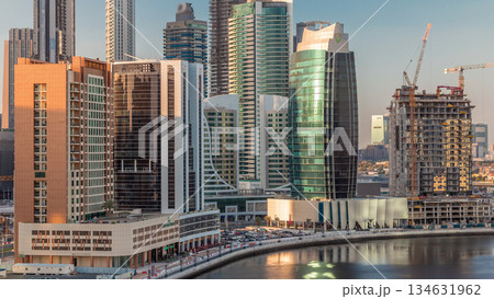 Skyscrapers at sunny day in Dubai with blue sky aerial timelapse 134631962