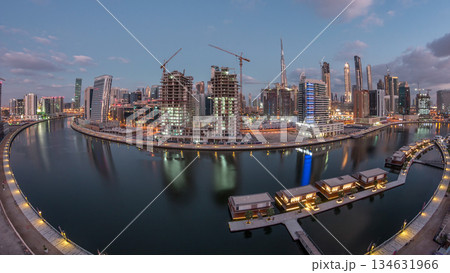 Dubai skyline at sunrise aerial timelapse 134631966