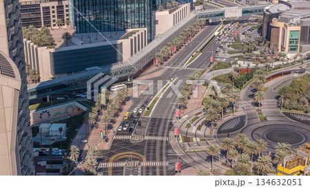 View of intersection with many transports in traffic Timelapse Aerial View of intersection with many transports in traffic Timelapse Aerial 134632051