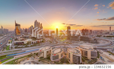 Sunset over Dubai Media City with Modern buildings aerial timelapse, United Arab Emirates 134632156