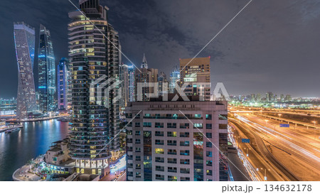 Aerial top view to Sheikh Zayed road near Dubai Marina and JLT timelapse, Dubai. 134632178