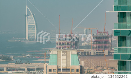Modern skyscrapers in Jumeirah beach residence in Dubai, JBR aerial timelapse 134632261