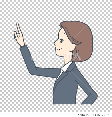 真横を向いて上を指さす中年のビジネスウーマンのイラスト 上半身 真横を向いて上を指さす中年のビジネスウーマンのイラスト 上半身 134632293