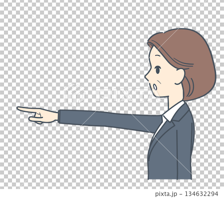 真横を向いて遠くを指さす中年のビジネスウーマンのイラスト 上半身 真横を向いて遠くを指さす中年のビジネスウーマンのイラスト 上半身 134632294