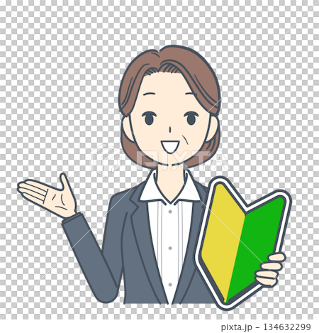 Illustration of a middle-aged businesswoman showing a beginner's mark and talking, upper body 134632299
