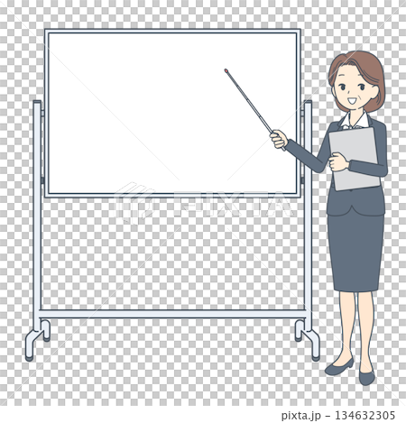 ホワイトボードの前に立つ、指示棒を持った中年のビジネスウーマンのイラスト 134632305