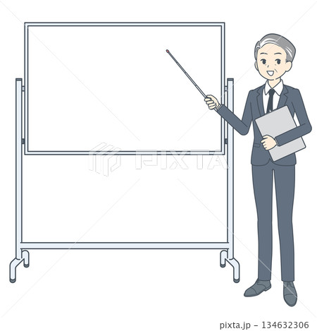 ホワイトボードの前に立つ、指示棒を持った中年のビジネスマンのイラスト 134632306