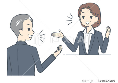 会話する中年のビジネスマンと中年のビジネスウーマンのイラスト 上半身 会議 会話する中年のビジネスマンと中年のビジネスウーマンのイラスト 上半身 会議 134632309